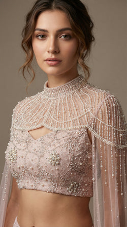 The Ethereal Rose Pearl Cape Lehenga