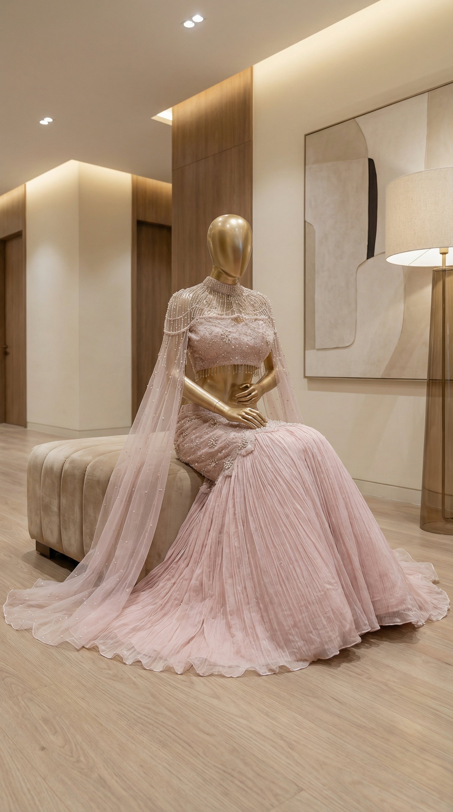 The Ethereal Rose Pearl Cape Lehenga