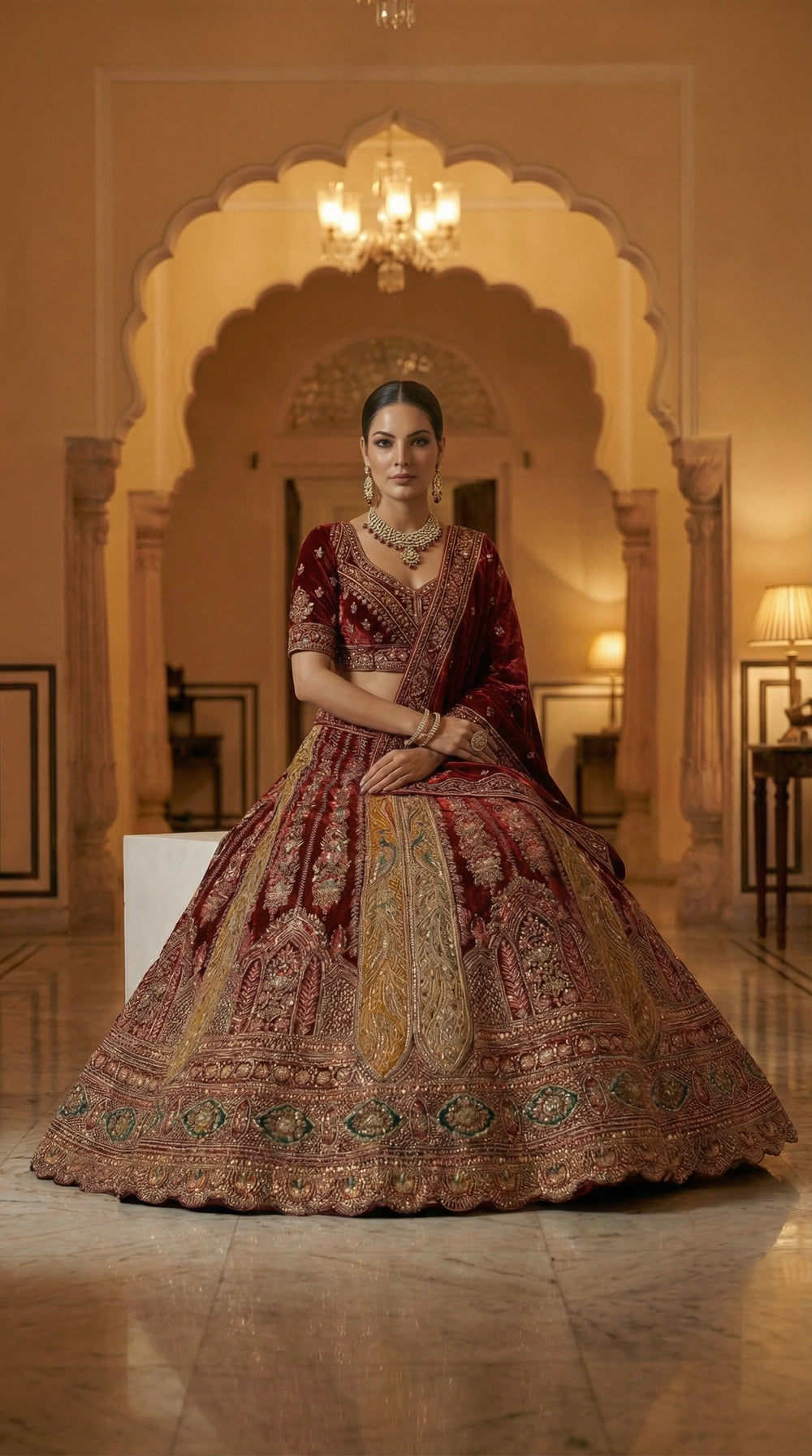 Royal Mughal Peacock Velvet Bridal Lehenga Choli with Dupatta