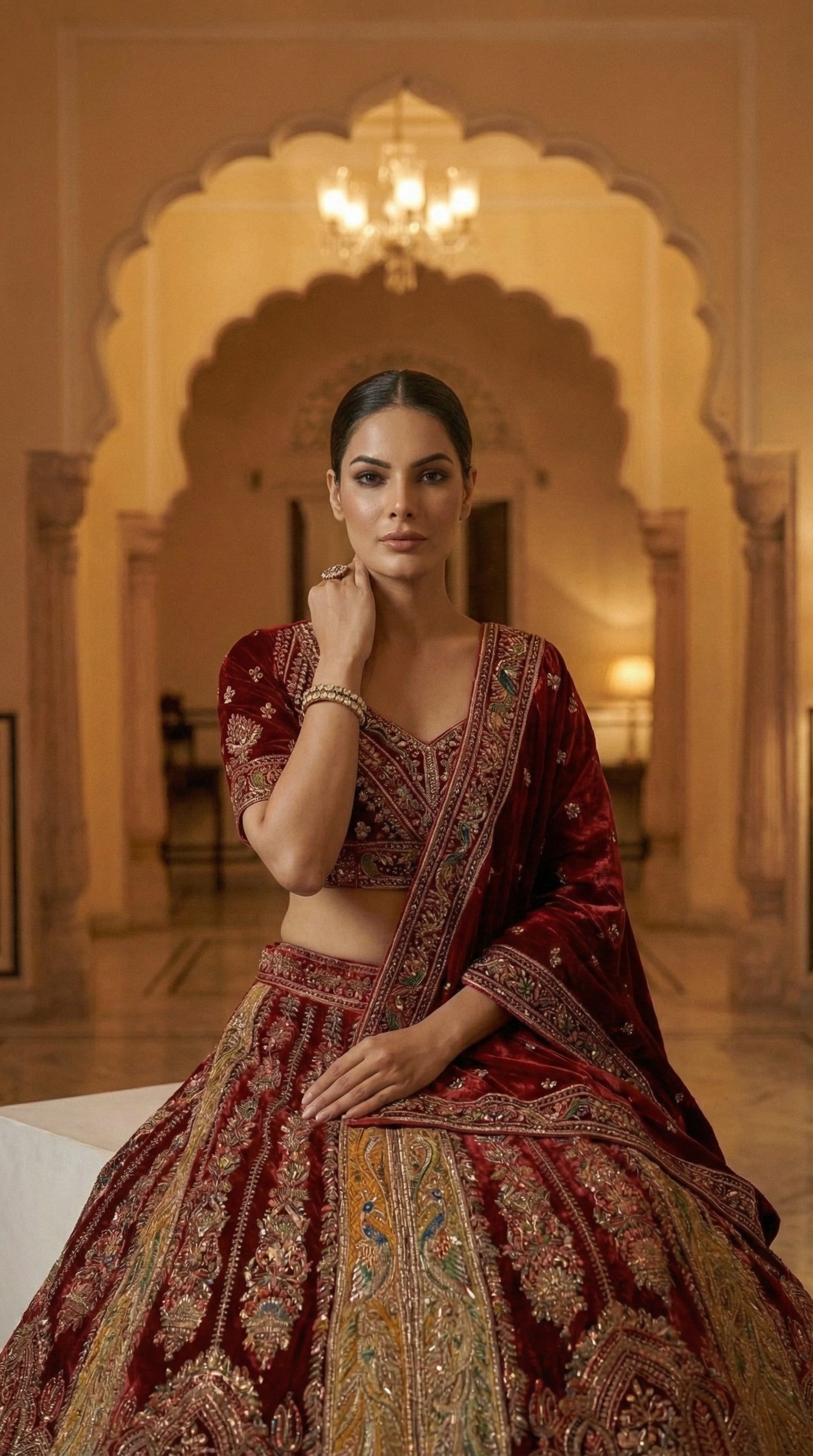 Royal Mughal Peacock Velvet Bridal Lehenga Choli with Dupatta