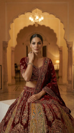 Royal Mughal Peacock Velvet Bridal Lehenga Choli with Dupatta