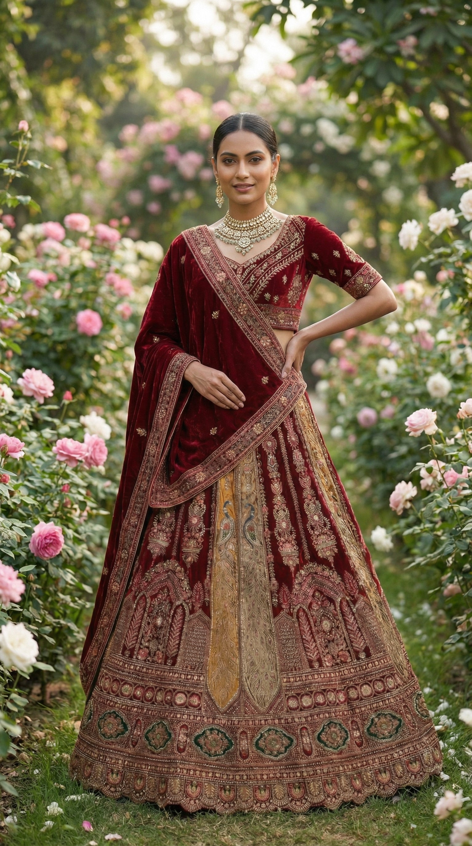 Royal Mughal Peacock Velvet Bridal Lehenga Choli with Dupatta