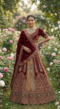 Royal Mughal Peacock Velvet Bridal Lehenga Choli with Dupatta