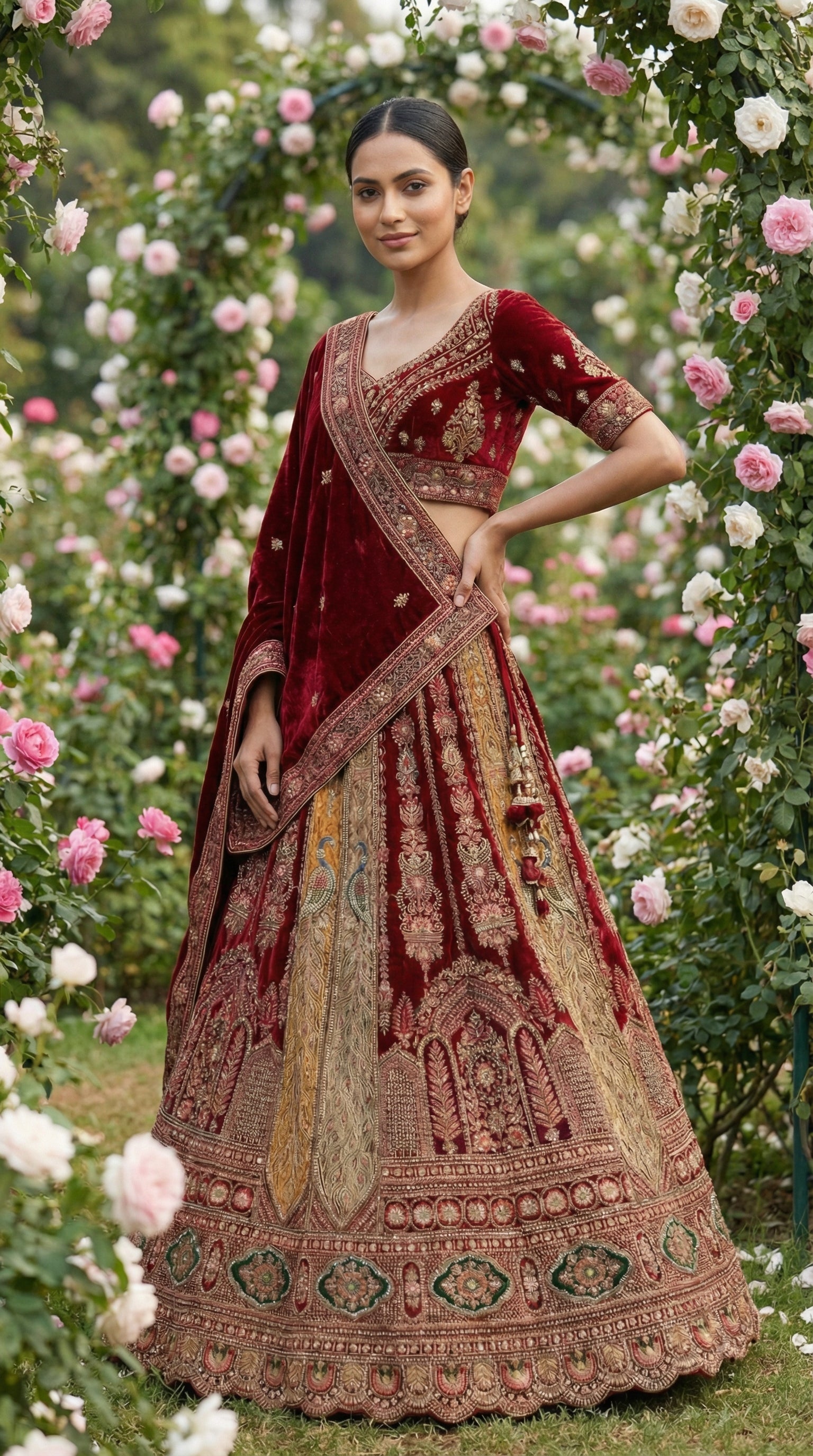 Royal Mughal Peacock Velvet Bridal Lehenga Choli with Dupatta