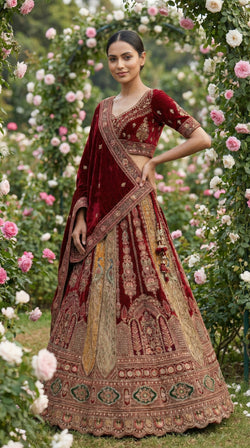 Royal Mughal Peacock Velvet Bridal Lehenga Choli with Dupatta