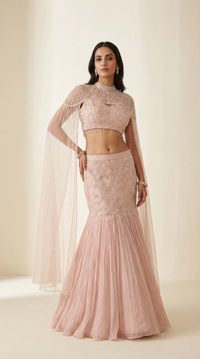 The Ethereal Rose Pearl Cape Lehenga