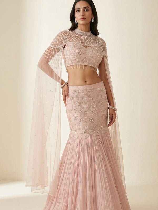 The Ethereal Rose Pearl Cape Lehenga