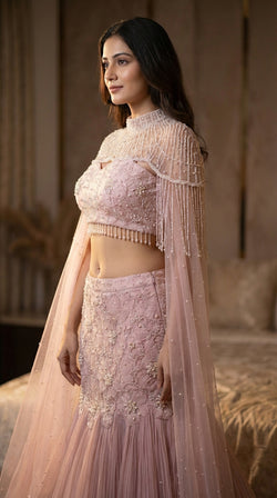 The Ethereal Rose Pearl Cape Lehenga