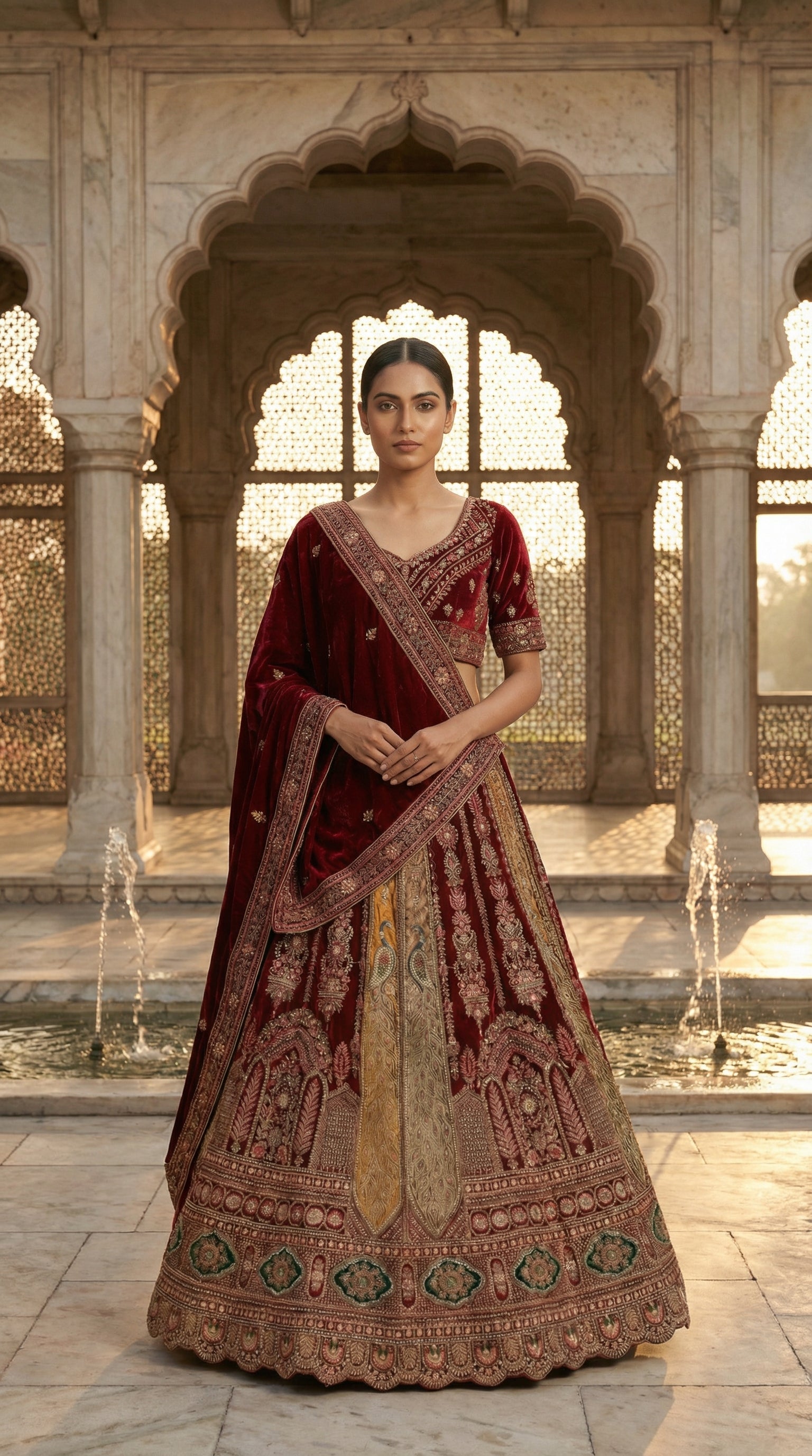 Royal Mughal Peacock Velvet Bridal Lehenga Choli with Dupatta