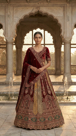 Royal Mughal Peacock Velvet Bridal Lehenga Choli with Dupatta