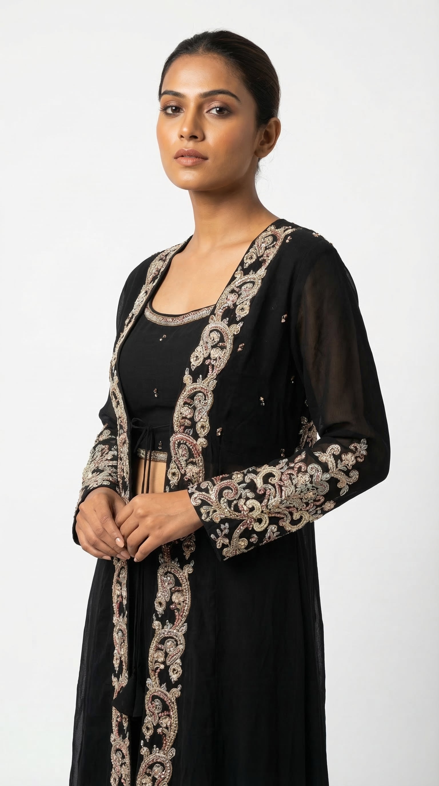 The Nawab Noir — Black Georgette Embroidered Jacket Lehenga Set