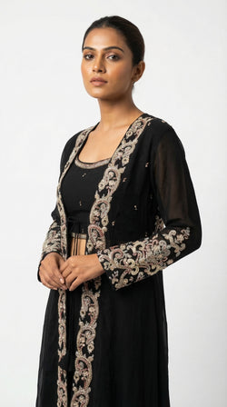 The Nawab Noir — Black Georgette Embroidered Jacket Lehenga Set