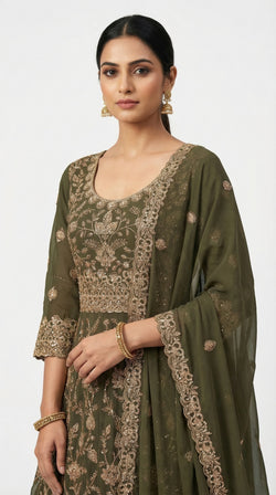 The Nawab Zaitoon — Olive Green Bridal Anarkali Lehenga Set