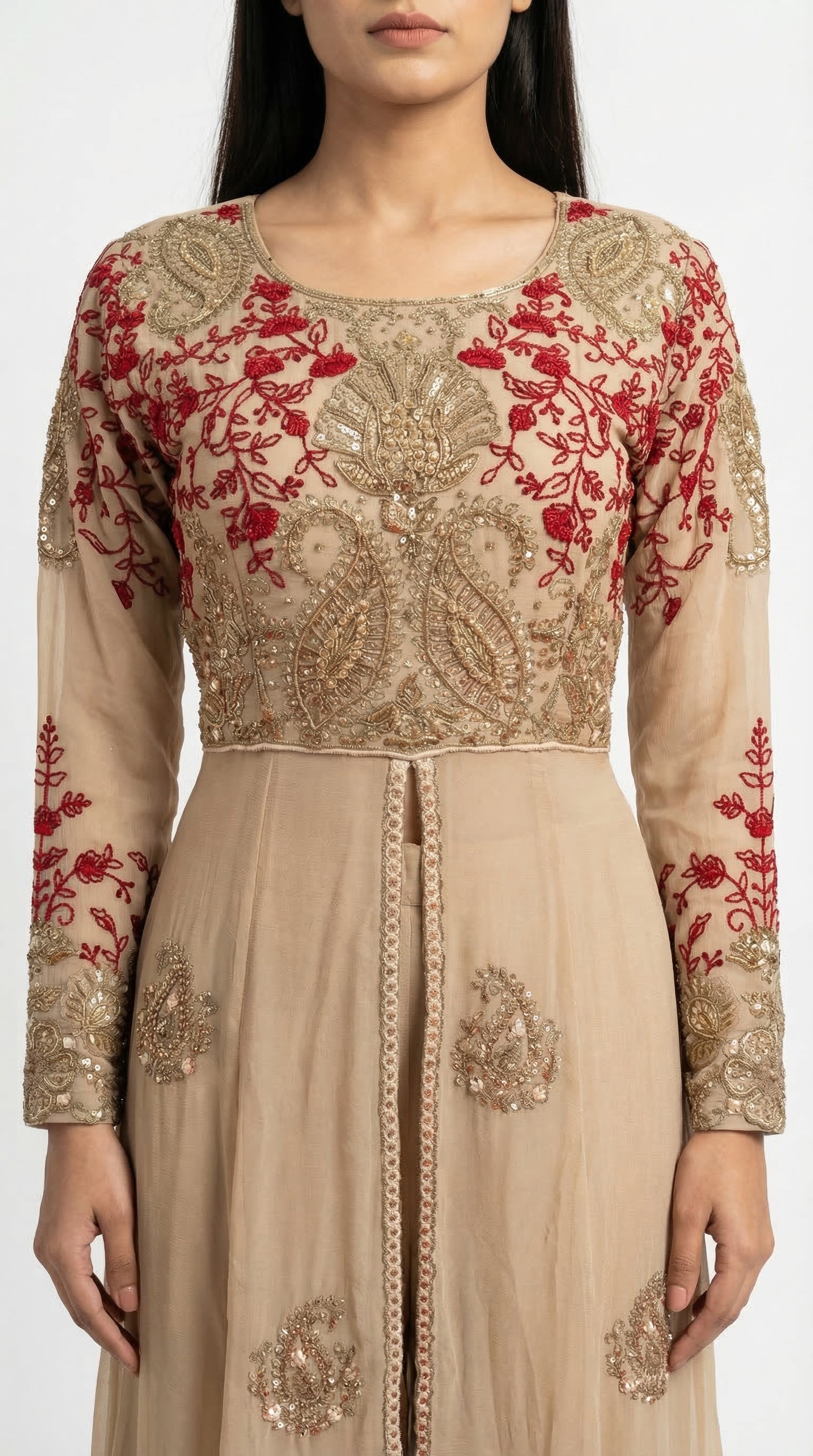 The Nawab Gulnaar — Champagne & Crimson Embroidered Anarkali Gown