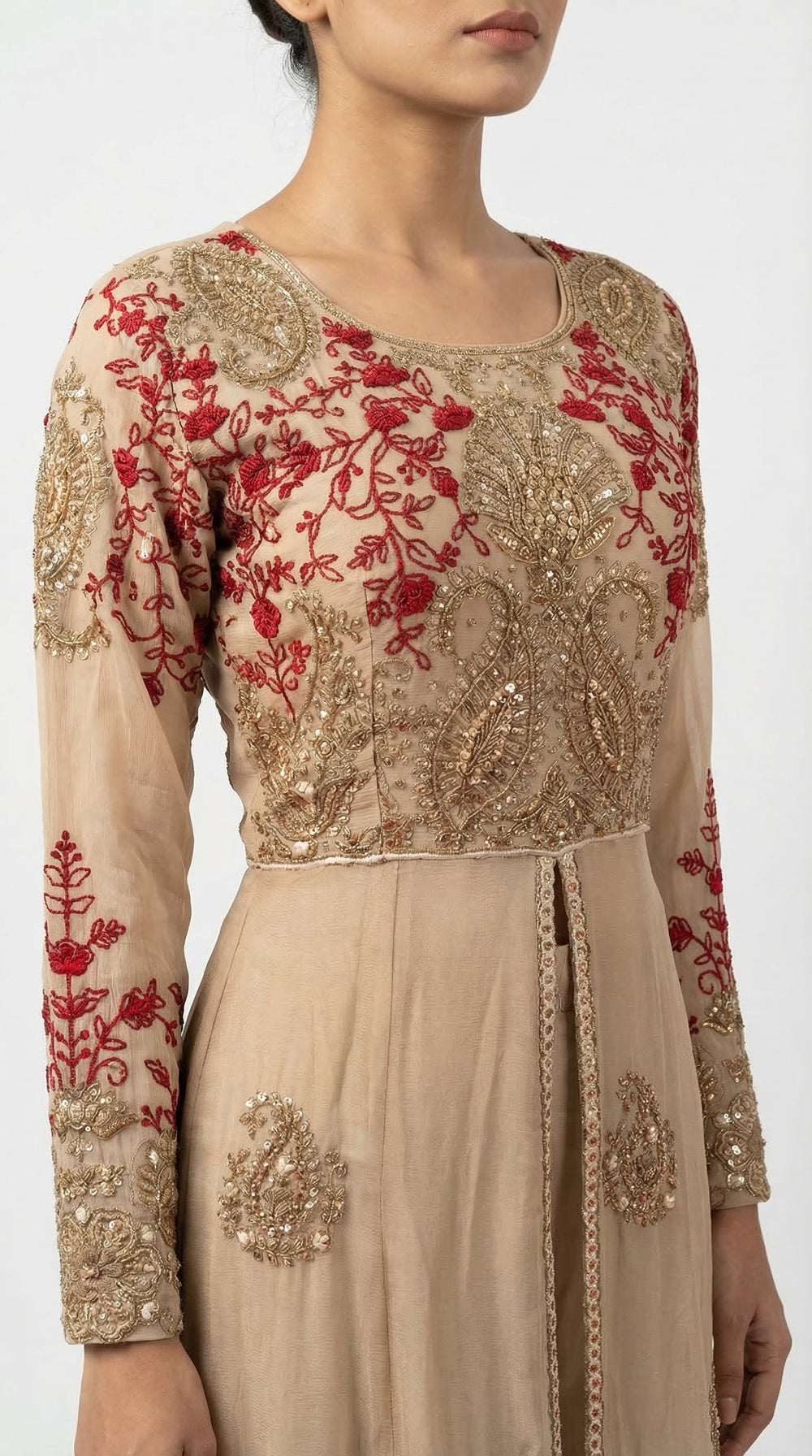 The Nawab Gulnaar — Champagne & Crimson Embroidered Anarkali Gown