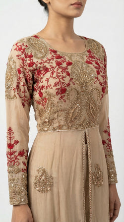 The Nawab Gulnaar — Champagne & Crimson Embroidered Anarkali Gown