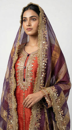 The Nawab Surkh — Rust Coral Anarkali Gown with Banarasi Dupatta