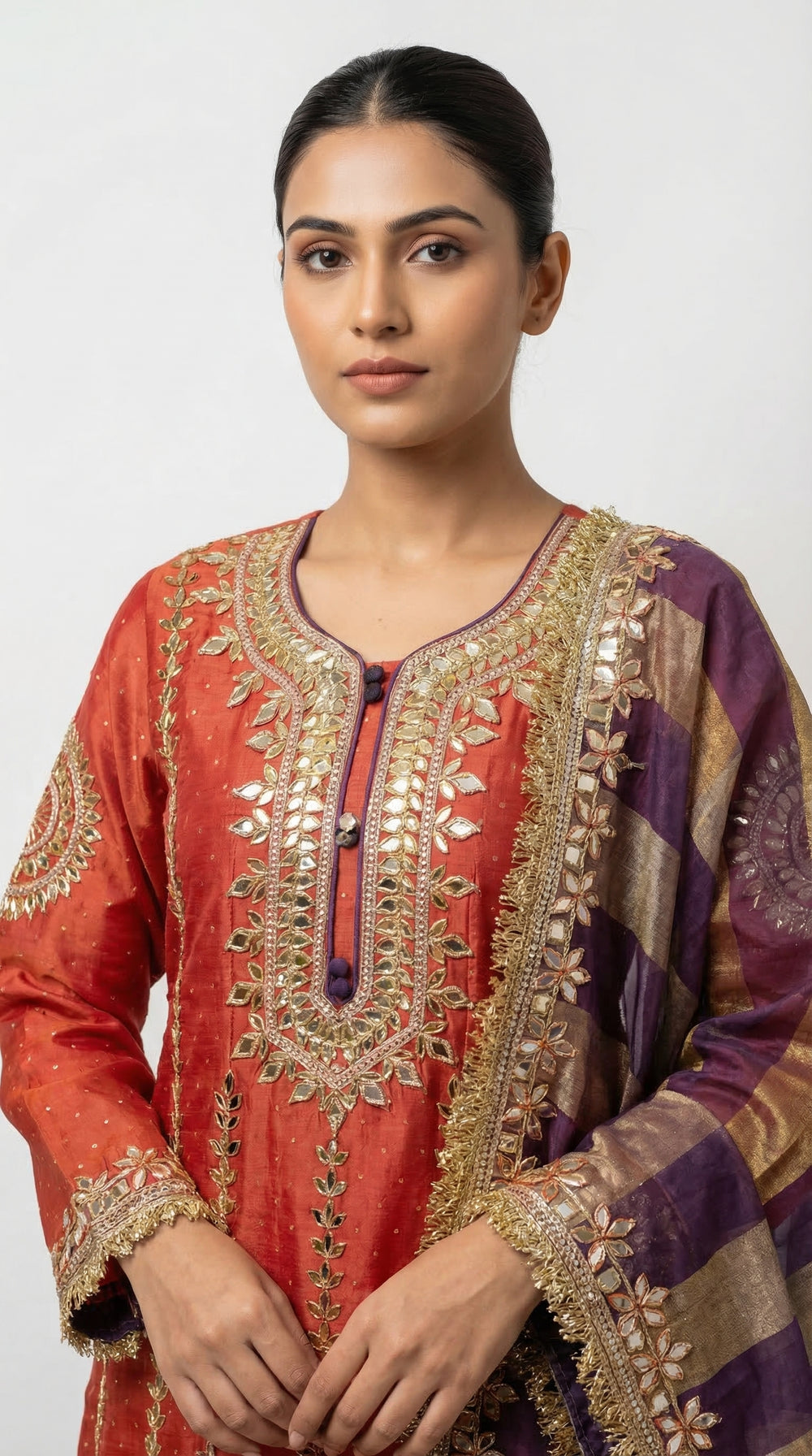 The Nawab Surkh — Rust Coral Anarkali Gown with Banarasi Dupatta