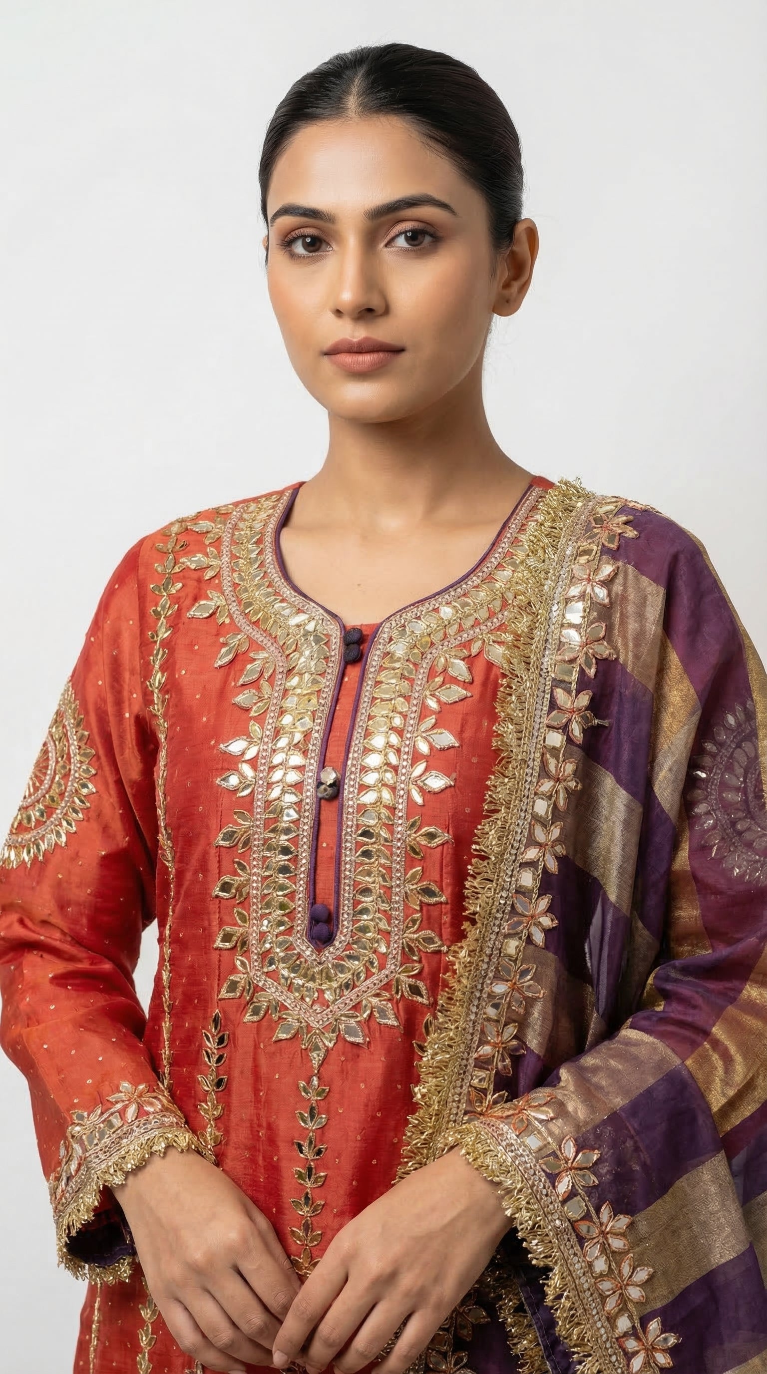 The Nawab Surkh — Rust Coral Anarkali Gown with Banarasi Dupatta