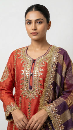 The Nawab Surkh — Rust Coral Anarkali Gown with Banarasi Dupatta