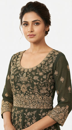 The Nawab Zaitoon — Olive Green Bridal Anarkali Lehenga Set