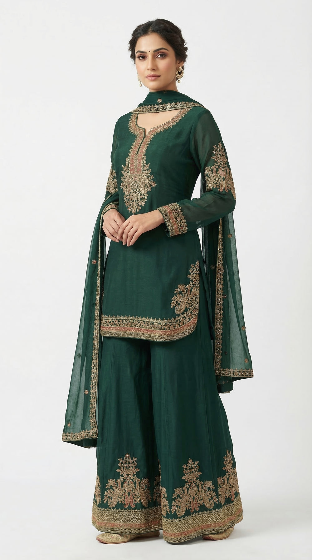 The Nawab Emerald — Deep Green Embroidered Sharara Suit Set