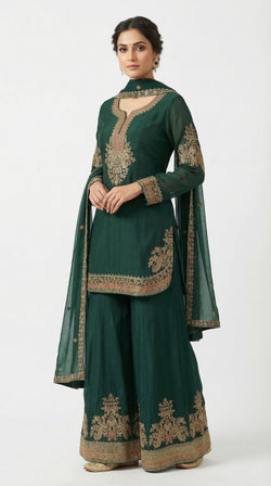 The Nawab Emerald — Deep Green Embroidered Sharara Suit Set