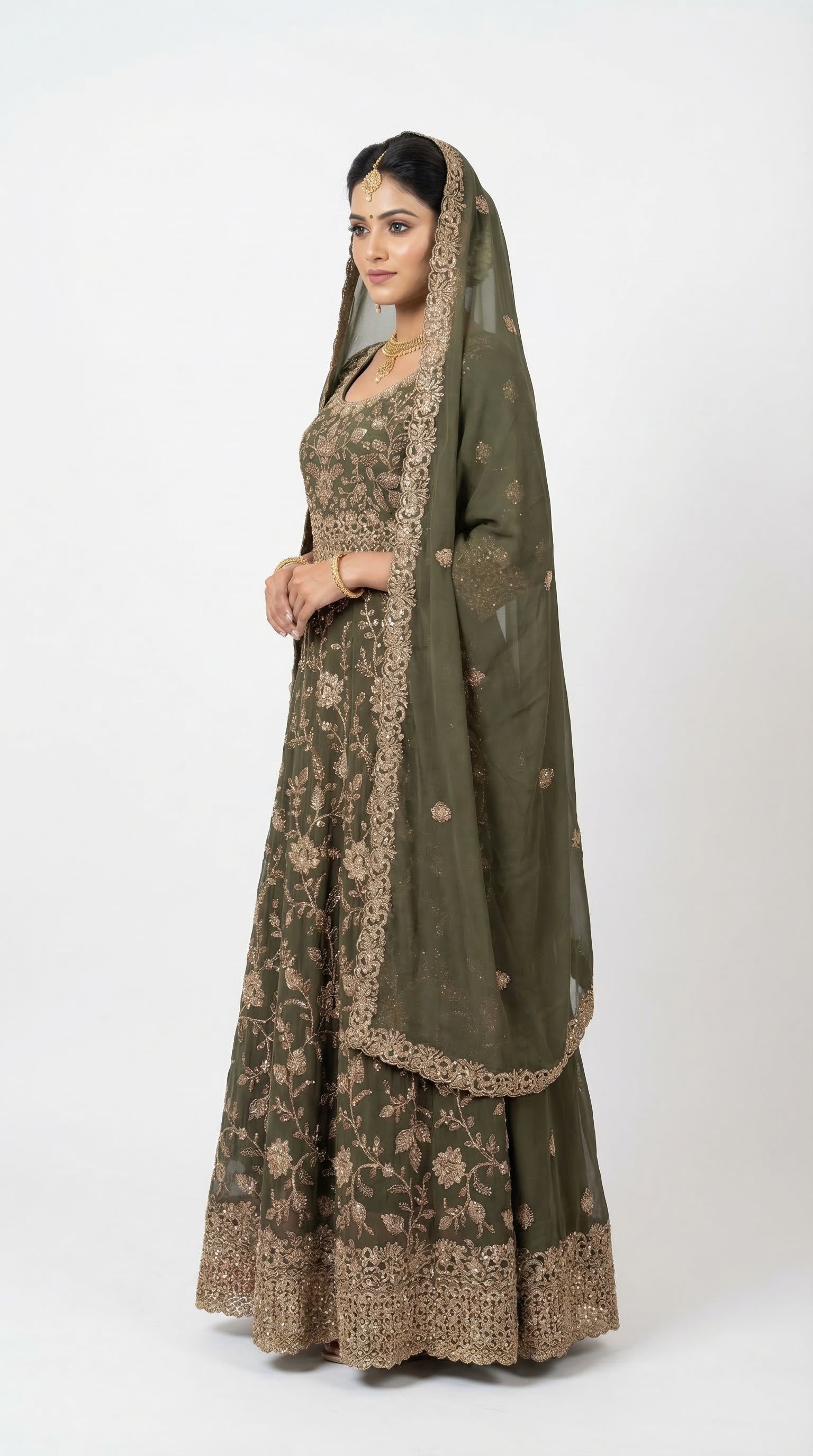 The Nawab Zaitoon — Olive Green Bridal Anarkali Lehenga Set
