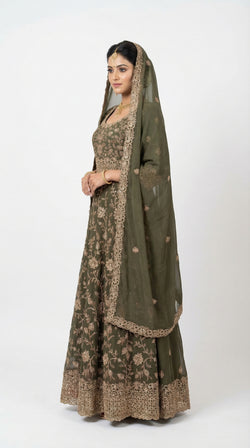 The Nawab Zaitoon — Olive Green Bridal Anarkali Lehenga Set