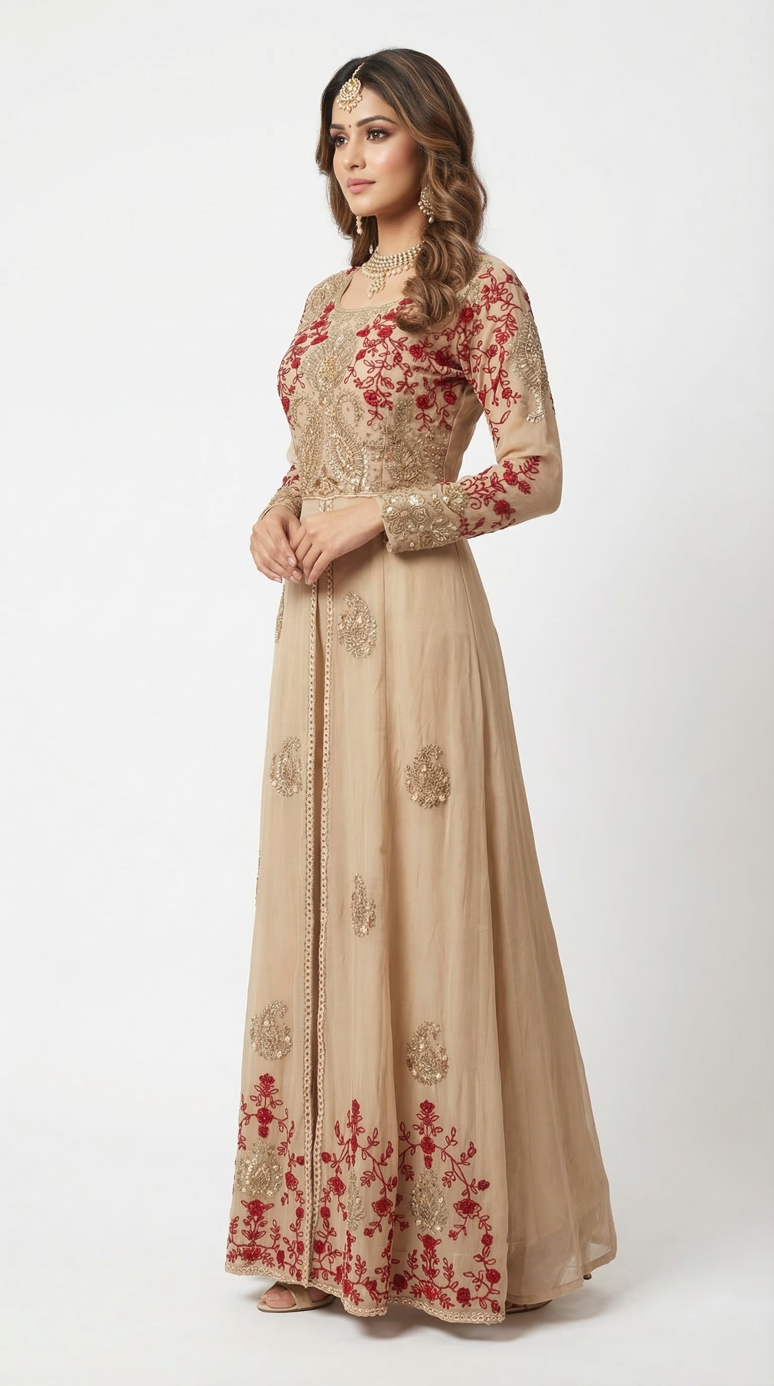 The Nawab Gulnaar — Champagne & Crimson Embroidered Anarkali Gown