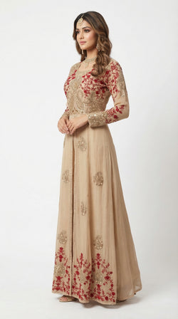 The Nawab Gulnaar — Champagne & Crimson Embroidered Anarkali Gown