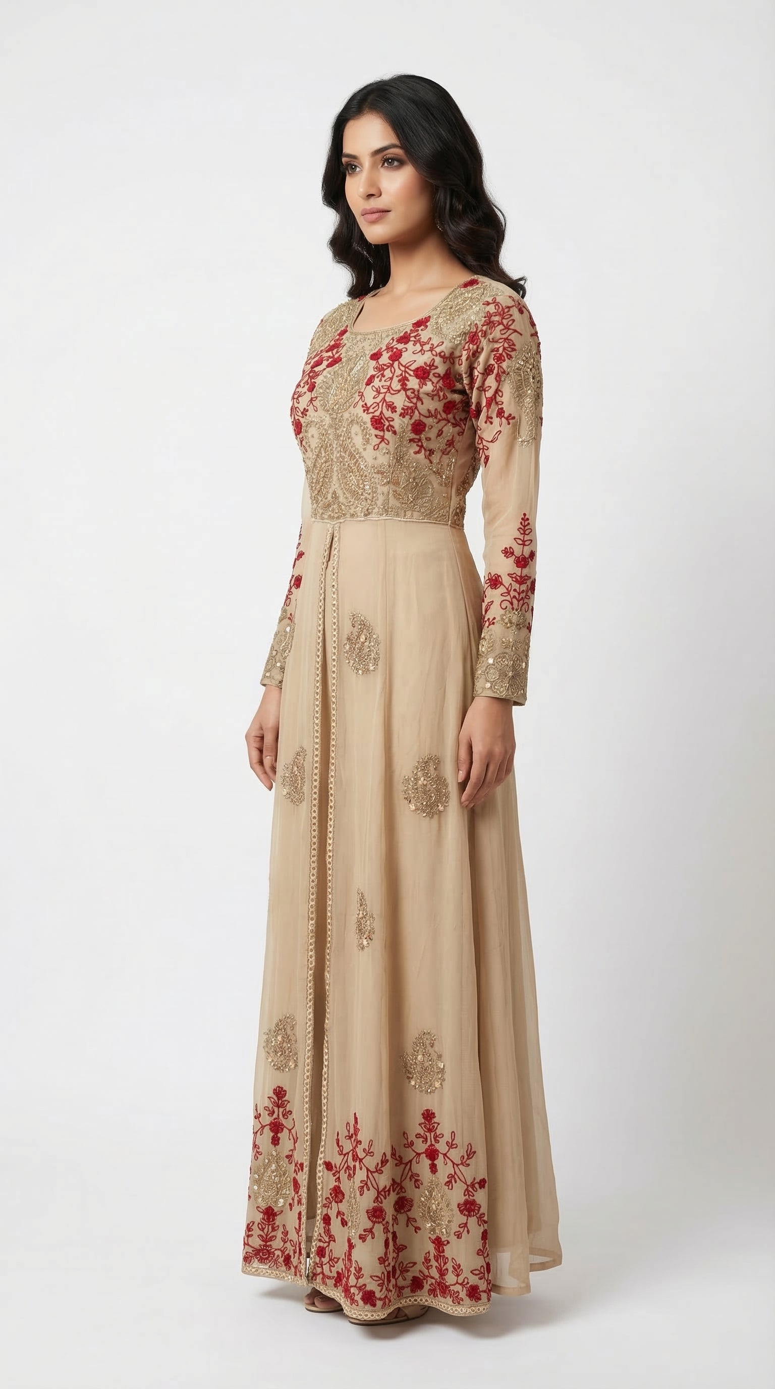 The Nawab Gulnaar — Champagne & Crimson Embroidered Anarkali Gown