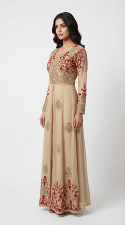 The Nawab Gulnaar — Champagne & Crimson Embroidered Anarkali Gown