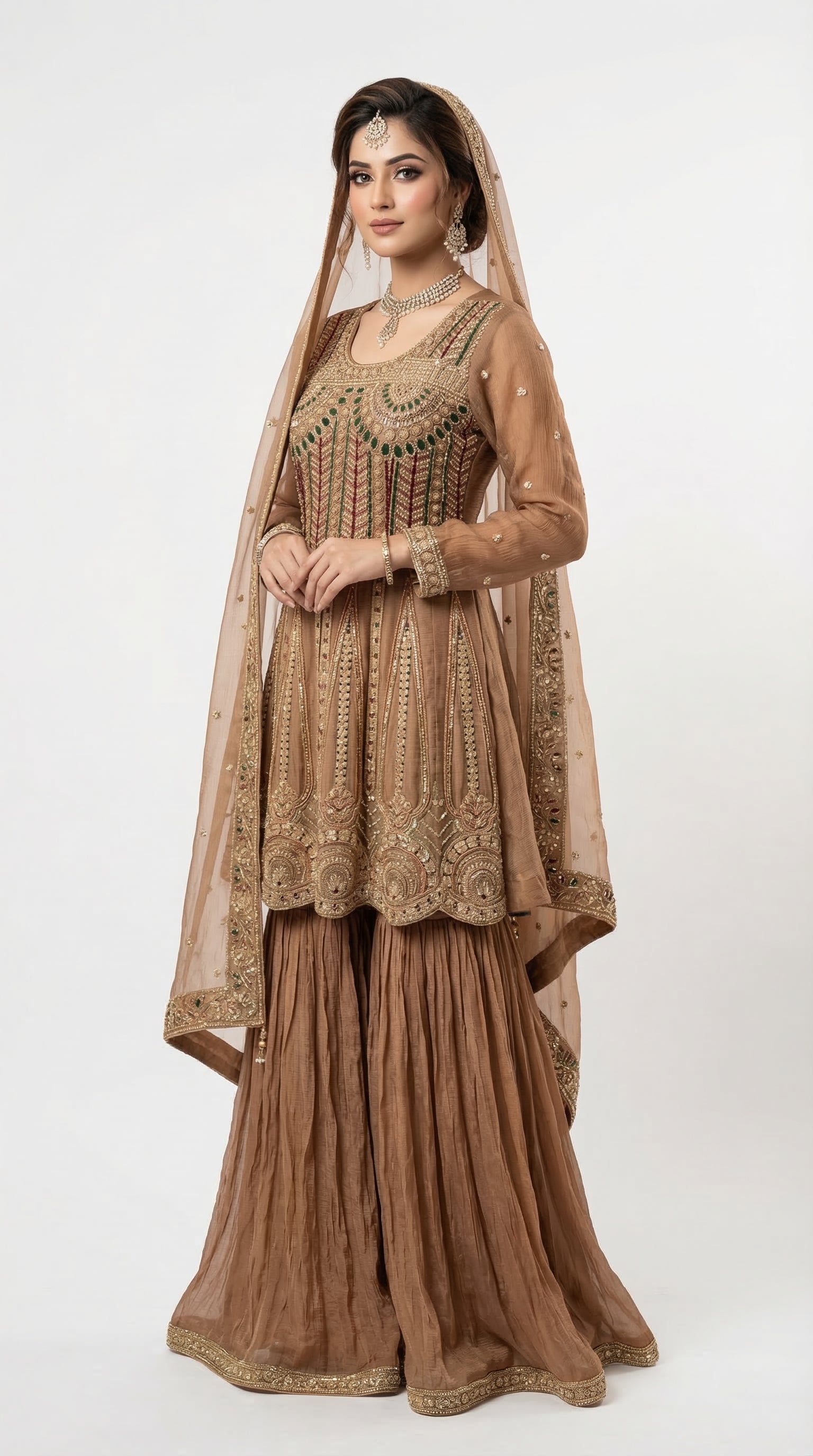 The Nawab Amber — Mocha Brown Zardosi Peplum Sharara Set