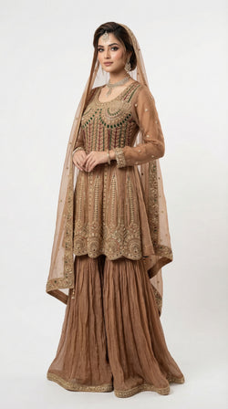 The Nawab Amber — Mocha Brown Zardosi Peplum Sharara Set