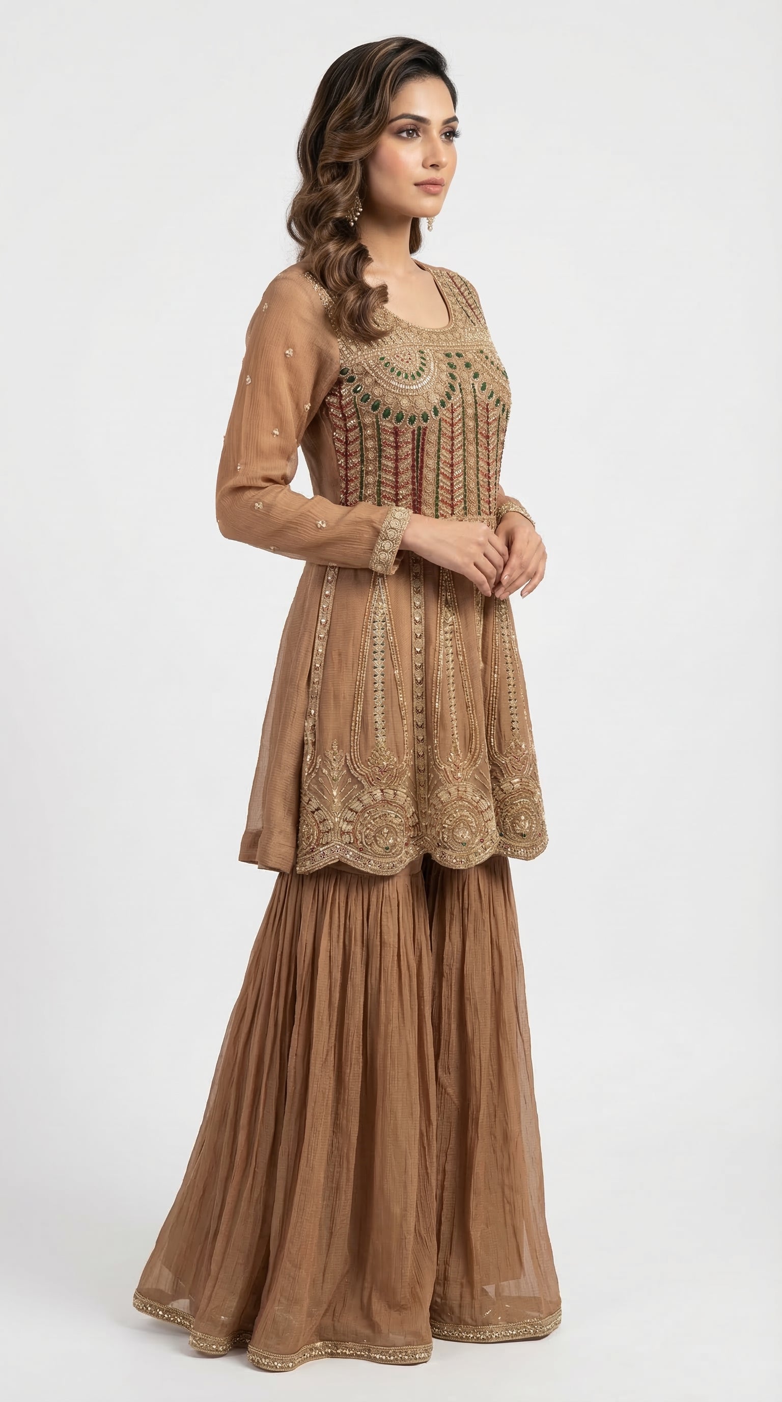 The Nawab Amber — Mocha Brown Zardosi Peplum Sharara Set