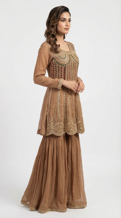 The Nawab Amber — Mocha Brown Zardosi Peplum Sharara Set