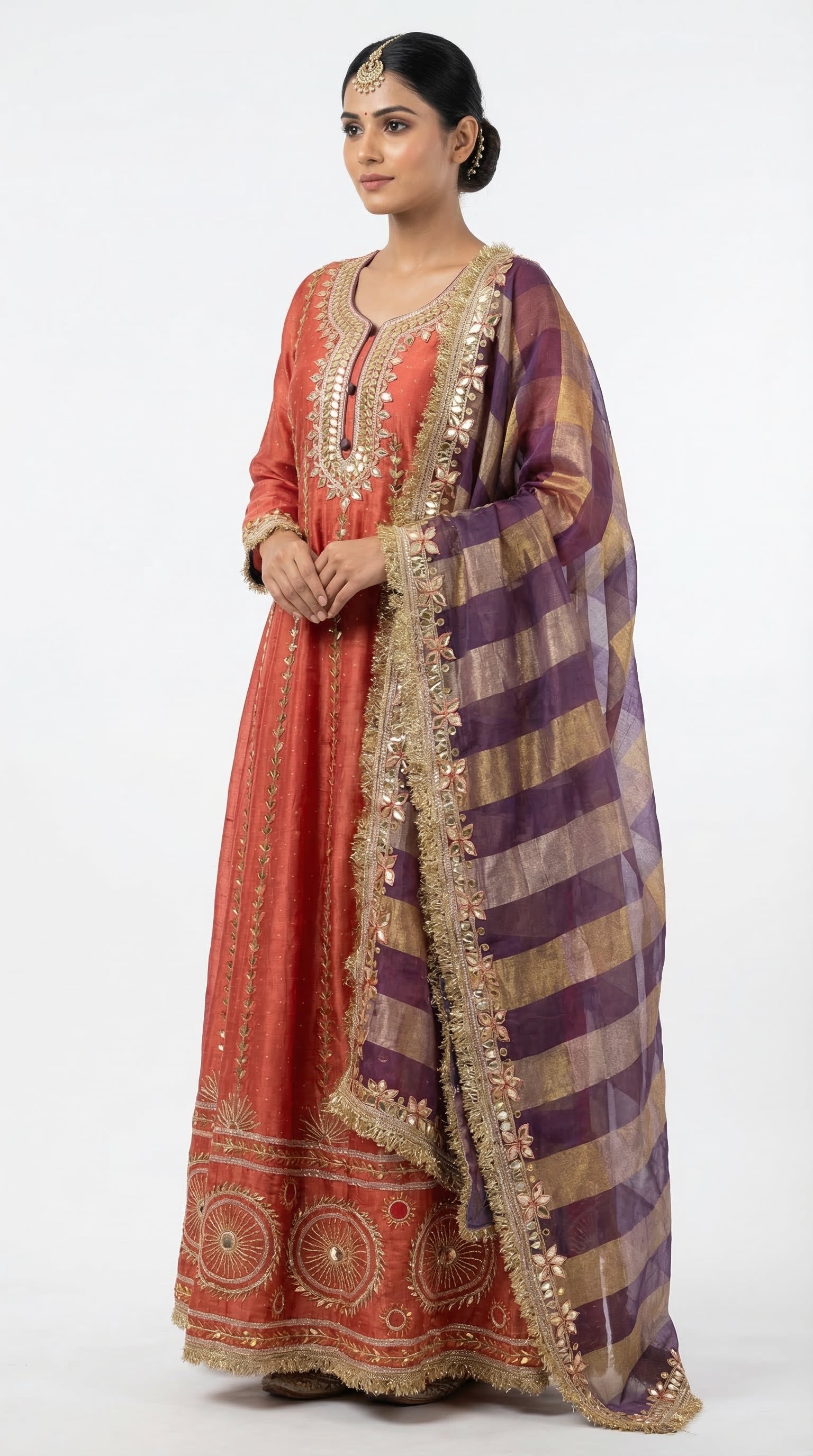 The Nawab Surkh — Rust Coral Anarkali Gown with Banarasi Dupatta