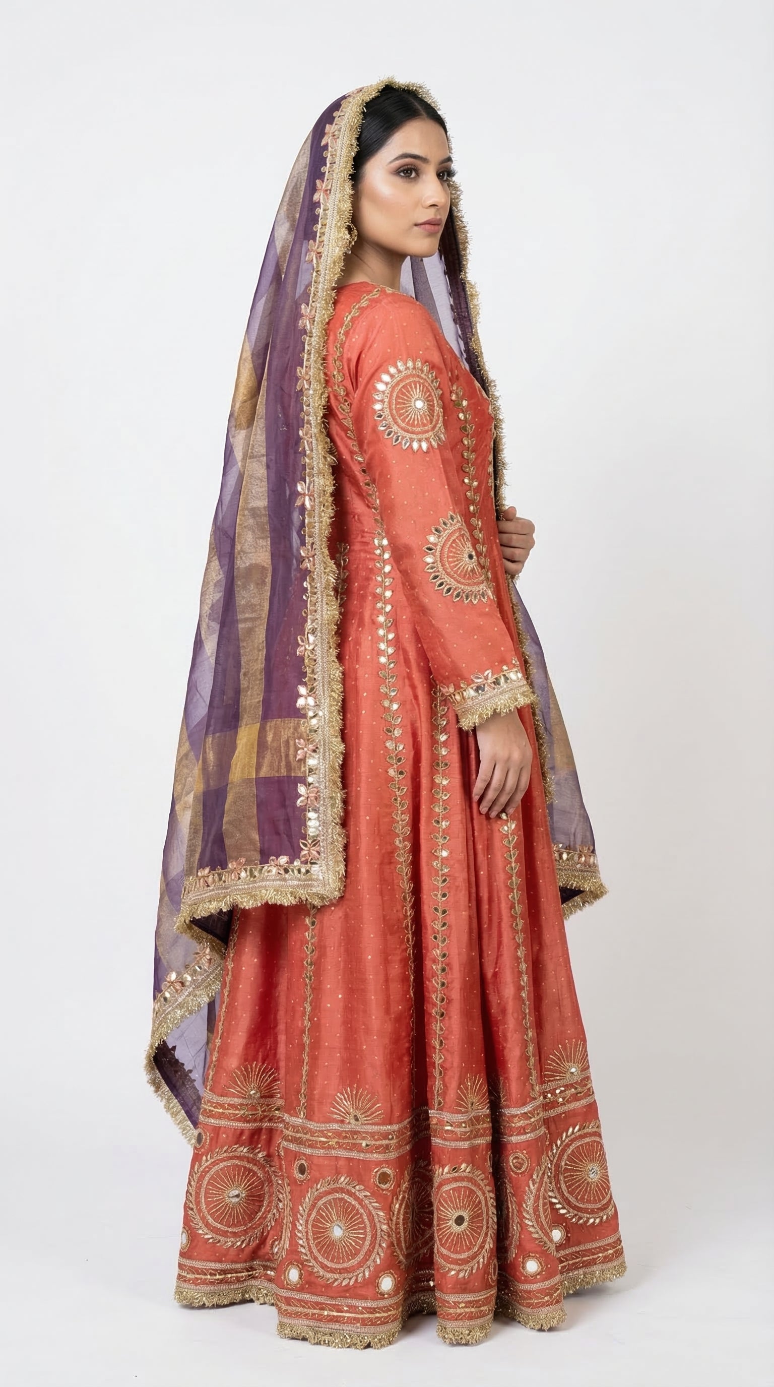 The Nawab Surkh — Rust Coral Anarkali Gown with Banarasi Dupatta