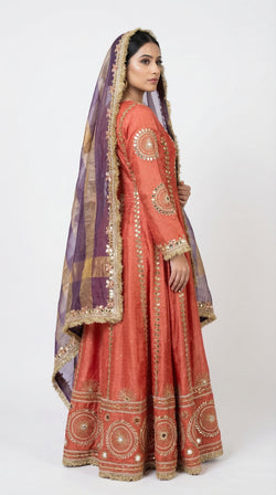 The Nawab Surkh — Rust Coral Anarkali Gown with Banarasi Dupatta