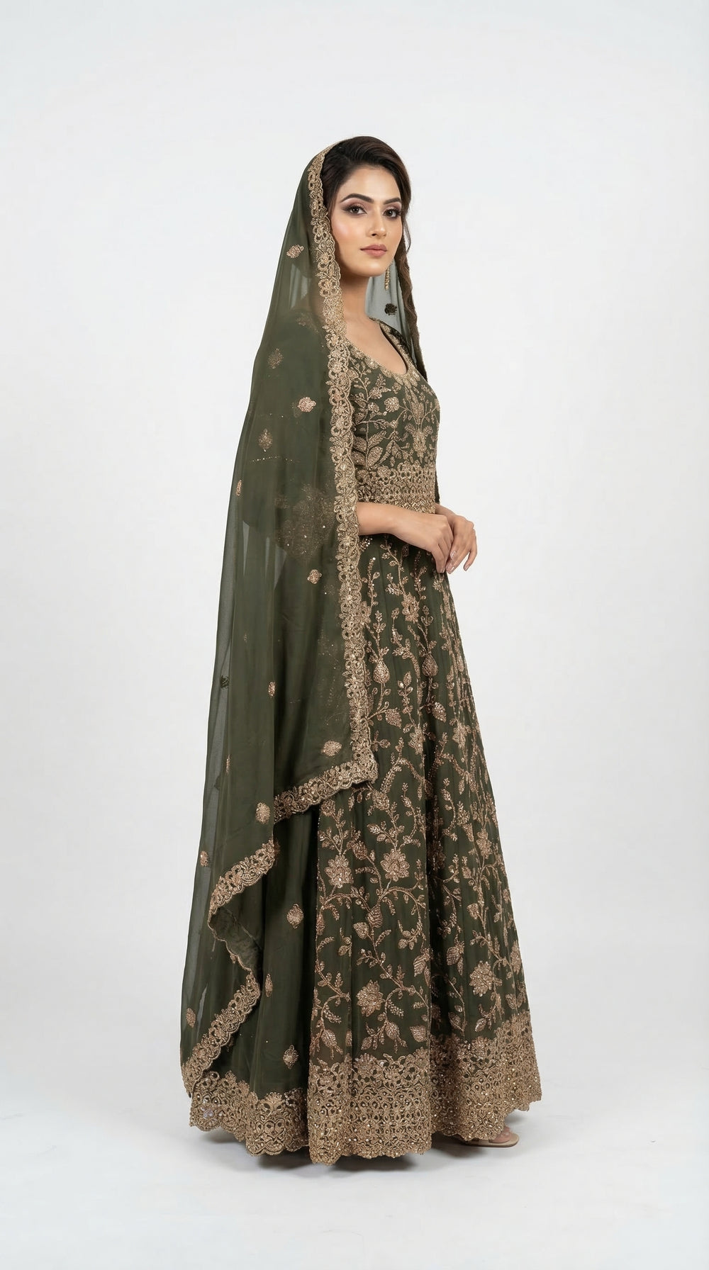 The Nawab Zaitoon — Olive Green Bridal Anarkali Lehenga Set