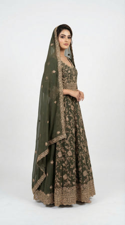 The Nawab Zaitoon — Olive Green Bridal Anarkali Lehenga Set