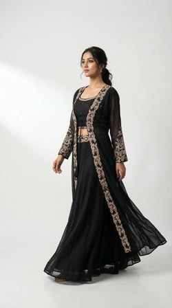 The Nawab Noir — Black Georgette Embroidered Jacket Lehenga Set