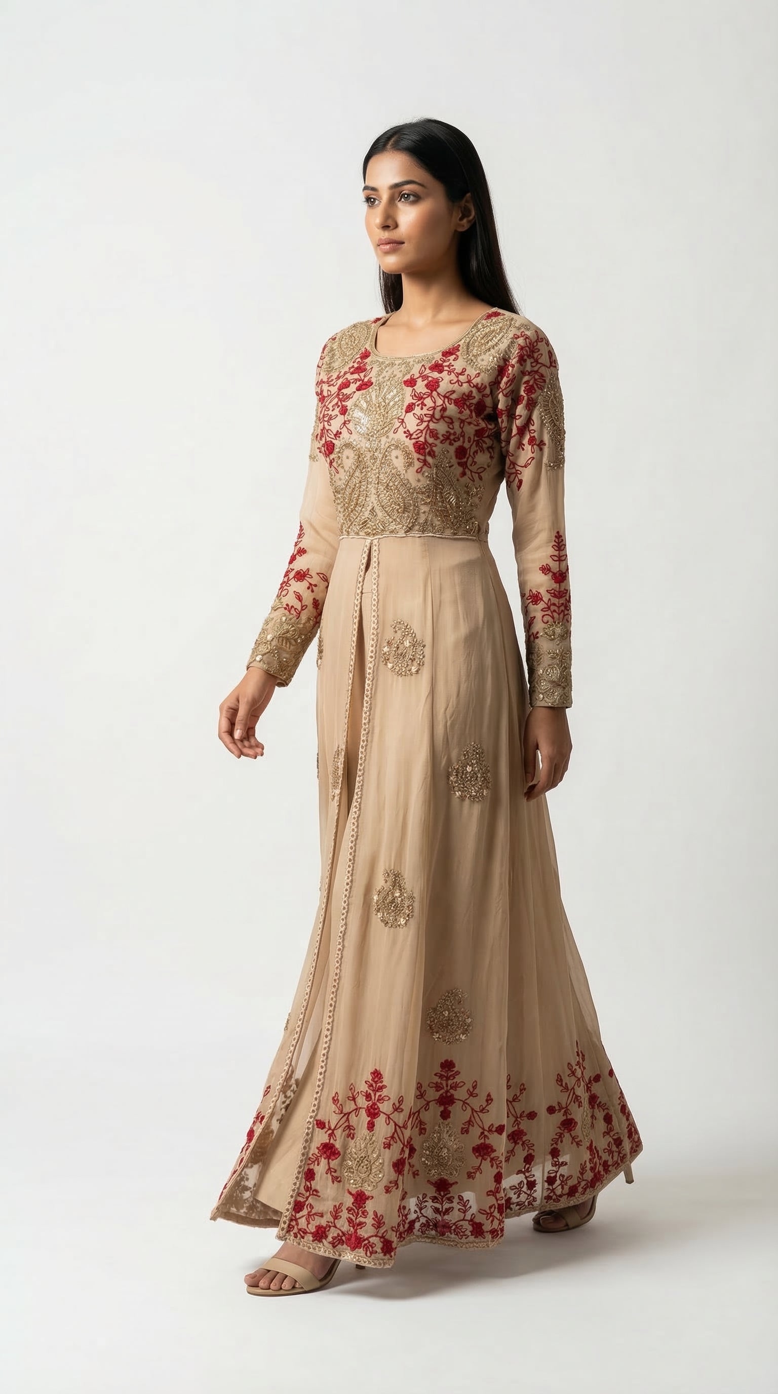 The Nawab Gulnaar — Champagne & Crimson Embroidered Anarkali Gown