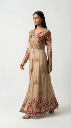 The Nawab Gulnaar — Champagne & Crimson Embroidered Anarkali Gown