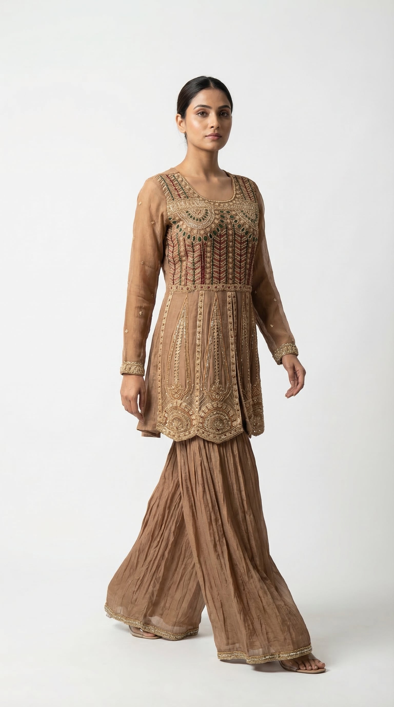 The Nawab Amber — Mocha Brown Zardosi Peplum Sharara Set