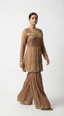 The Nawab Amber — Mocha Brown Zardosi Peplum Sharara Set