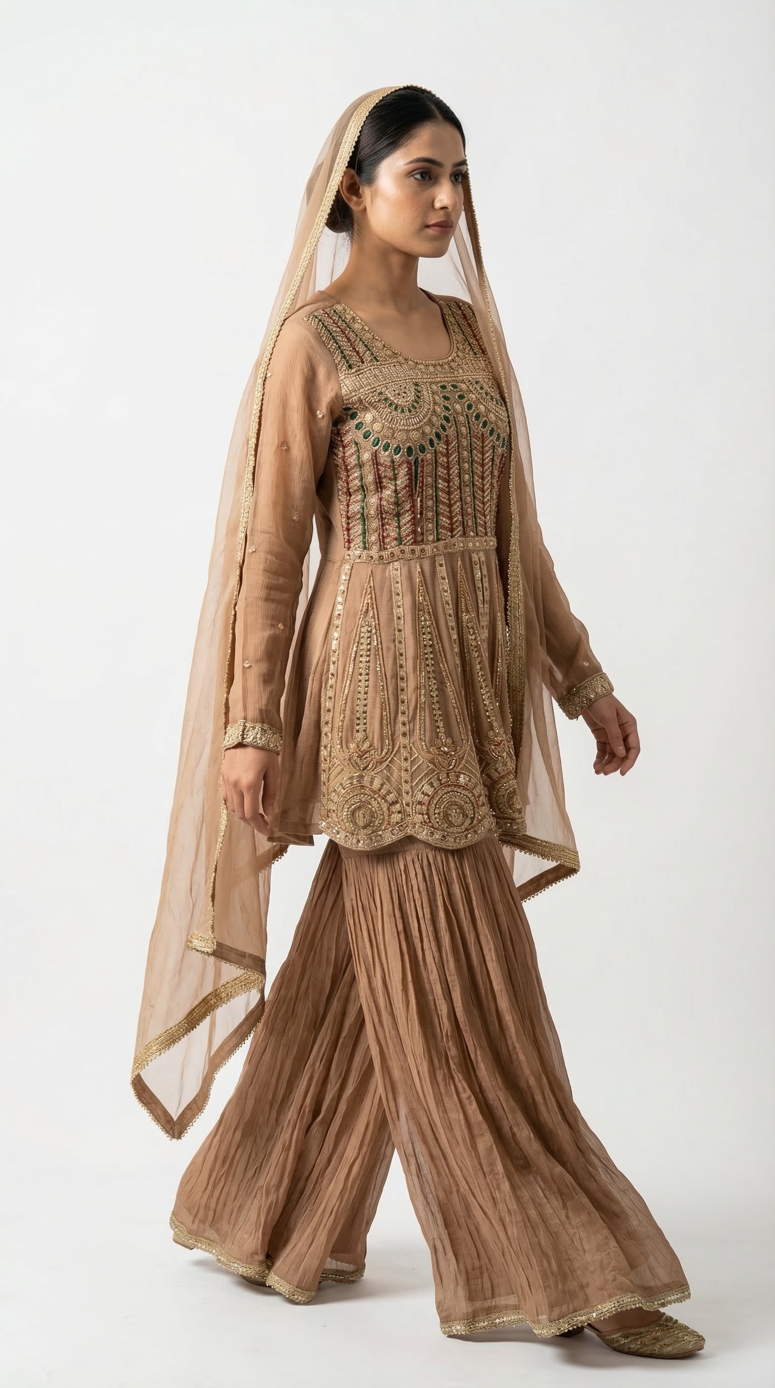 The Nawab Amber — Mocha Brown Zardosi Peplum Sharara Set
