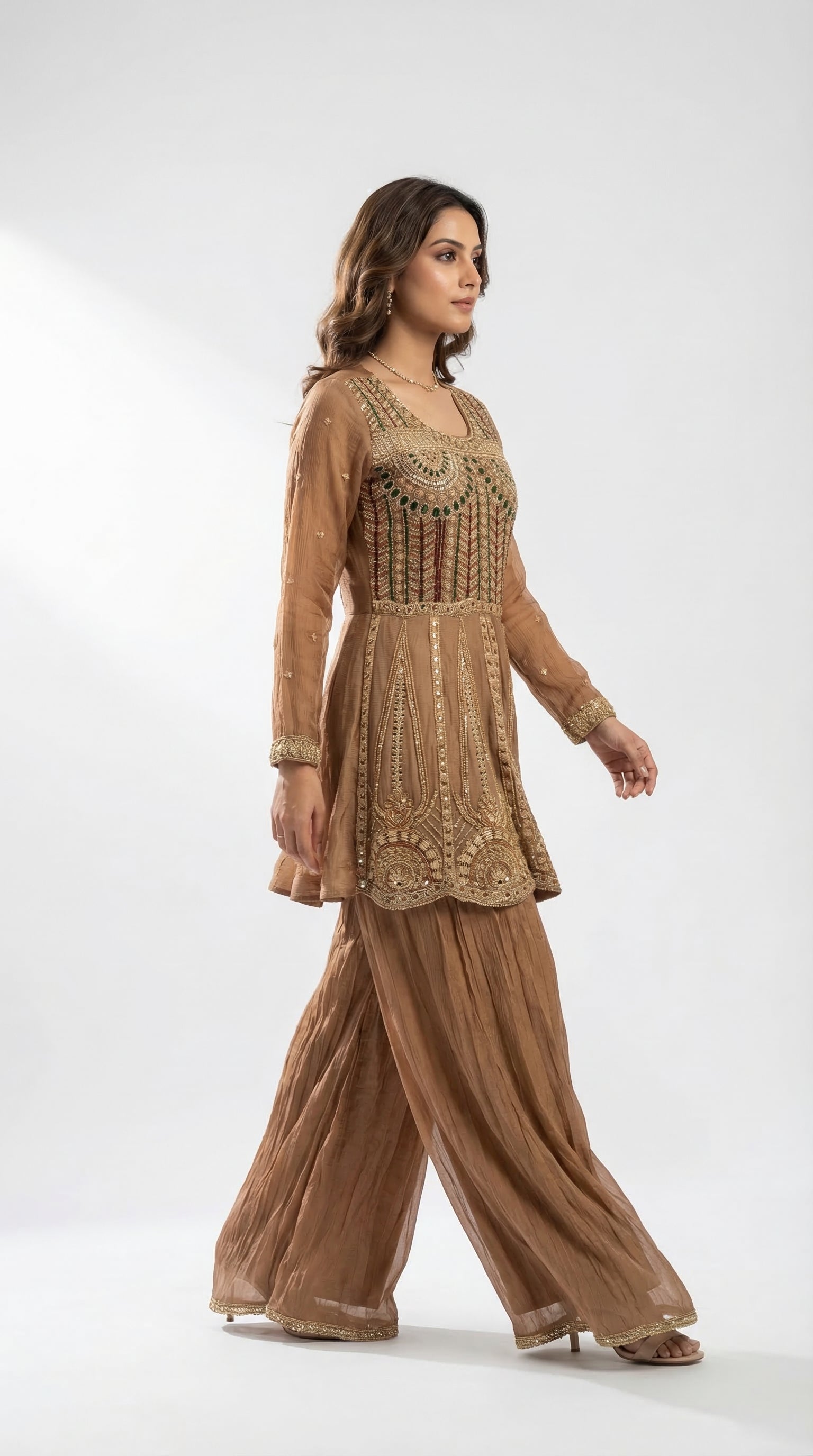The Nawab Amber — Mocha Brown Zardosi Peplum Sharara Set