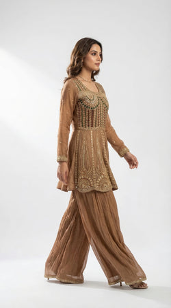 The Nawab Amber — Mocha Brown Zardosi Peplum Sharara Set